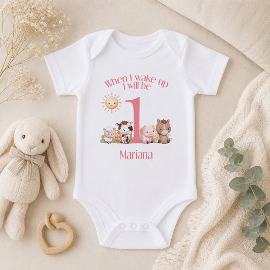 Personalised Pink Striped When I Wake Up I Will Be… Pyjamas with Farm Animals baby vest