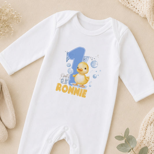 Personalised Blue Bubbles Duck First Birthday sleepsuit