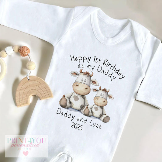 Personalised 'Happy 1st Birthday as my Daddy' bib, printed with the two little cows design and Daddy and baby's name.