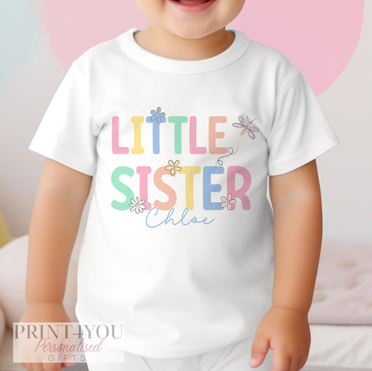 Personalised Little Sister baby bib, front view