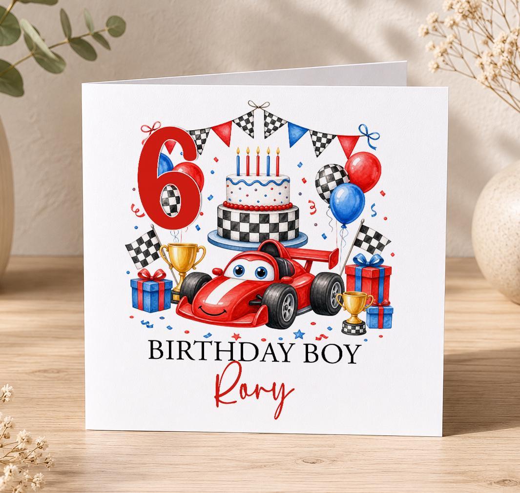 Personalised racing car birthday card – red race car with a trophy, cake and red 6, Birthday Boy Rory