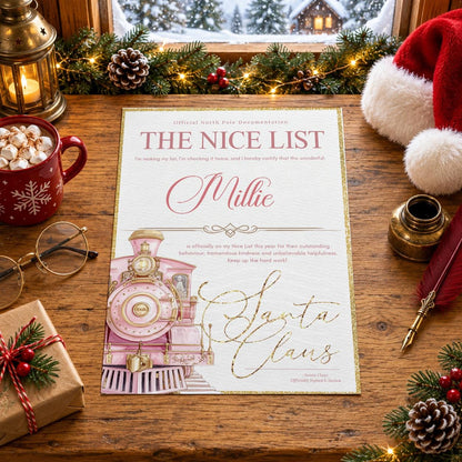 Personalised Nice List certificate with a pink steam train and Santa Claus signature, shown on a festive table