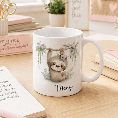 Personalised sloth mug with relaxing floral design