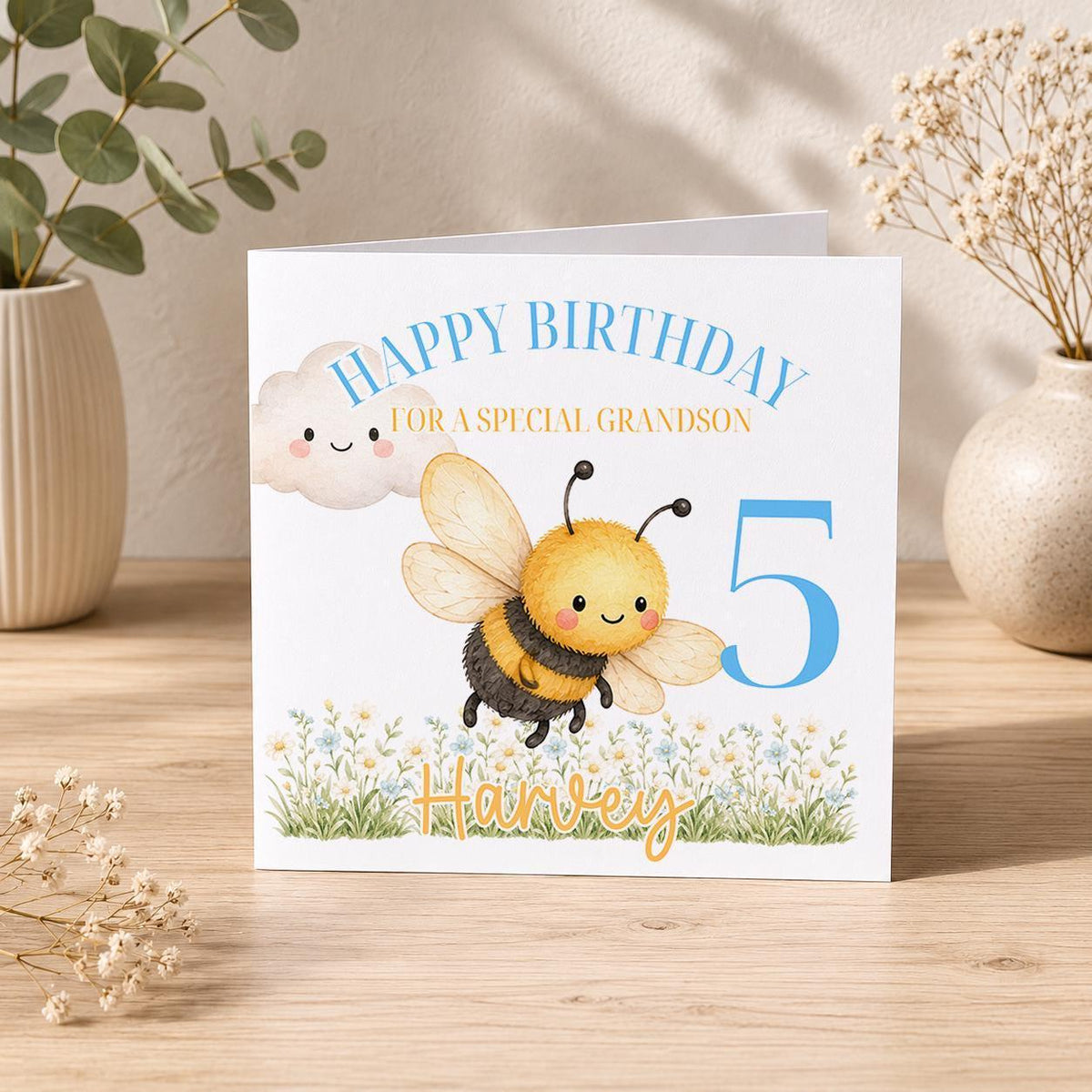 Personalised bumble bee birthday card – smiling bee over daisies with a blue 5, Happy Birthday For a Special Grandson Harley