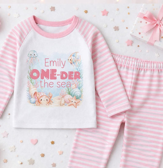 Personalised under the sea 1st birthday pyjamas with the child's name printed on soft cotton
