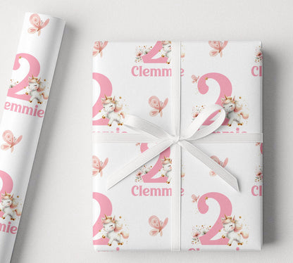 Gift wrapped in personalised pink unicorn wrapping paper