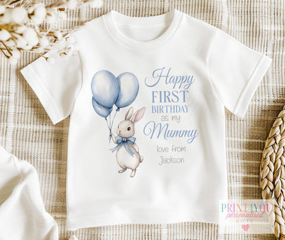 Personalised blue bunny first birthday vest, printed with a custom name for Mummy, Daddy or any family relation.
