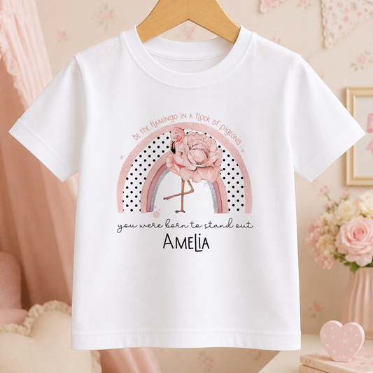 A white t-shirt with a pink flamingo graphic and a rainbow design, along with the text "Be the flamingo in a flock of pigeons. You were born to stand out. AMELIA" printed on it.
