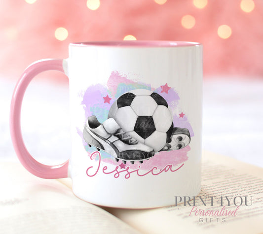 Personalised Football Birthday Mug – Pink Handle – Perfect Birthday Gift for Girls, Pink Girls Football with Boots design - Plain White