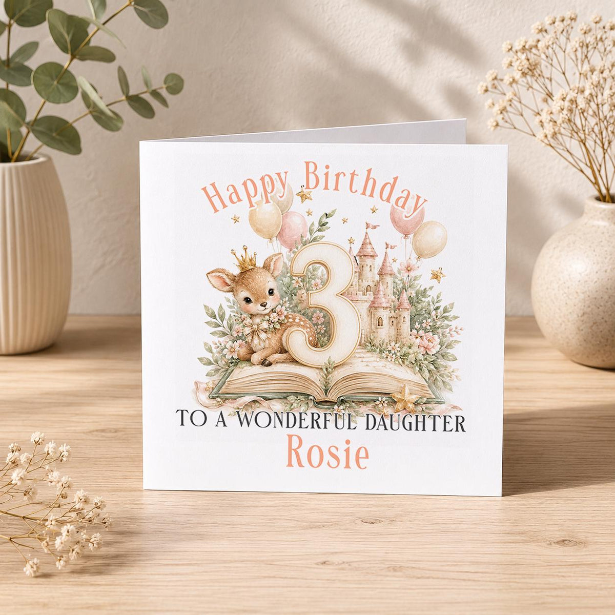 Personalised princess birthday card – deer with a storybook castle and a gold 3, To a Wonderful Daughter Rosie