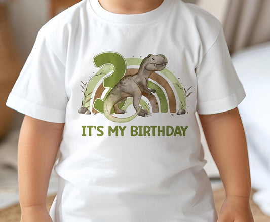 Baby wearing a white cotton birthday t-shirt printed with a T-Rex dinosaur design, size 6-12 months