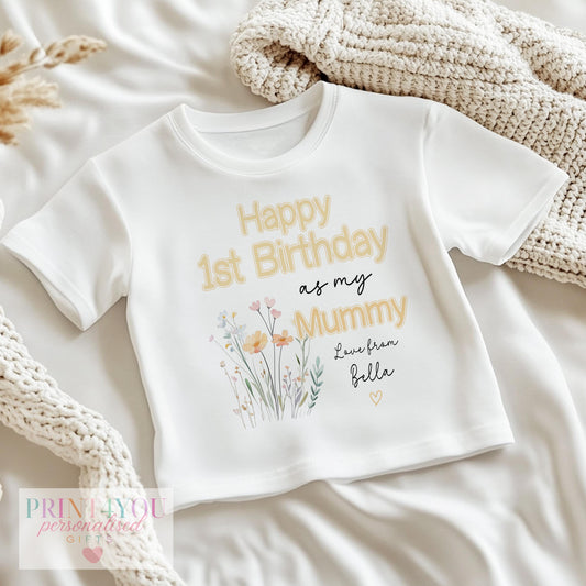 Personalised floral 1st birthday bib for baby's Mummy, printed with baby's name in gold script.