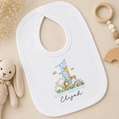 Personalised Blue Safari First Birthday Outfit for Baby Boys bib