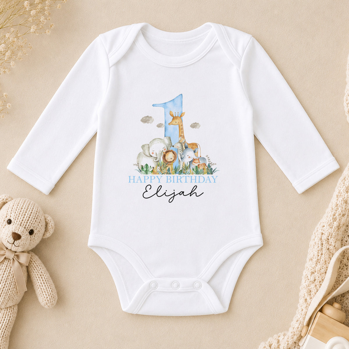 Personalised Blue Safari First Birthday Outfit for Baby Boys long sleeve vest