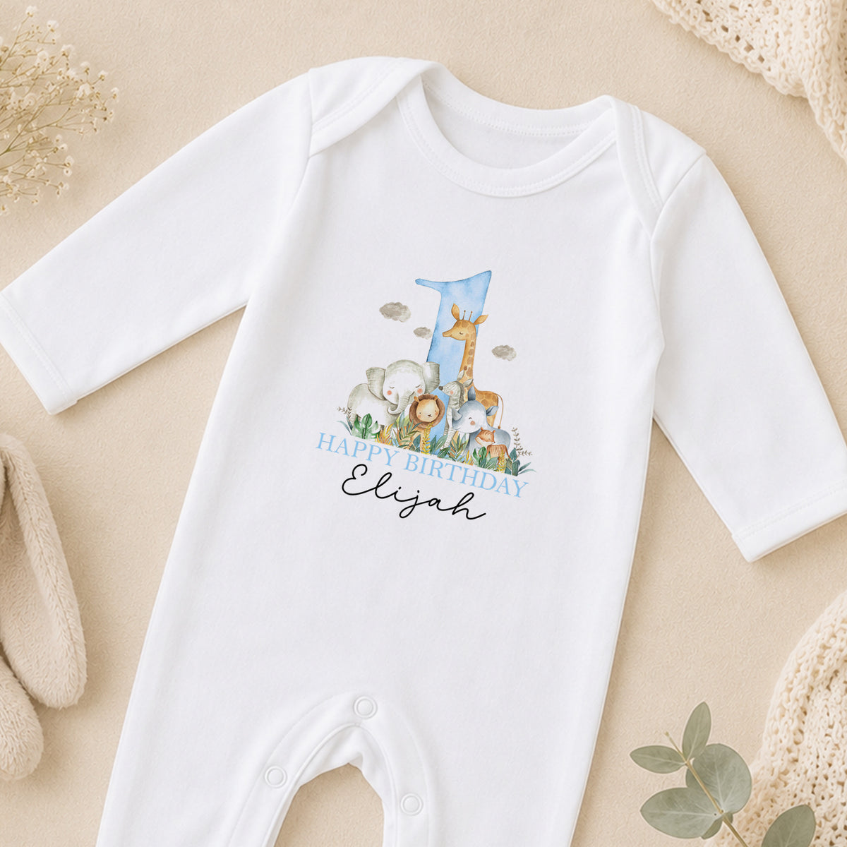 Personalised Blue Safari First Birthday Outfit for Baby Boys sleepsuit