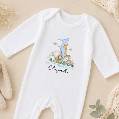 Personalised Blue Safari First Birthday Outfit for Baby Boys sleepsuit