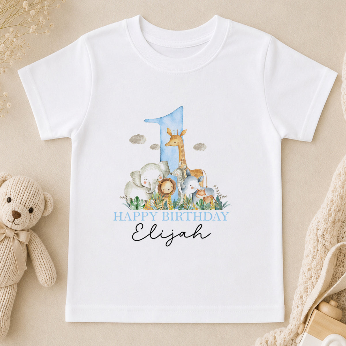 Personalised Blue Safari First Birthday Outfit for Baby Boys t-shirt