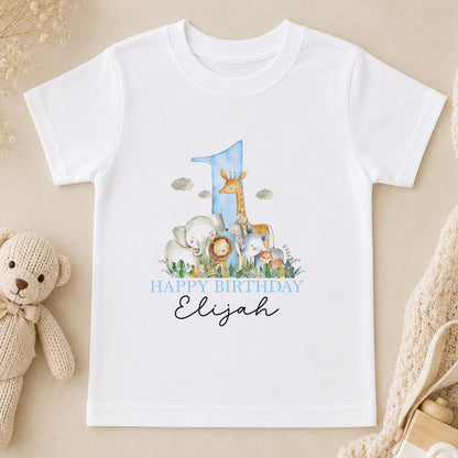 Personalised Blue Safari First Birthday Outfit for Baby Boys t-shirt