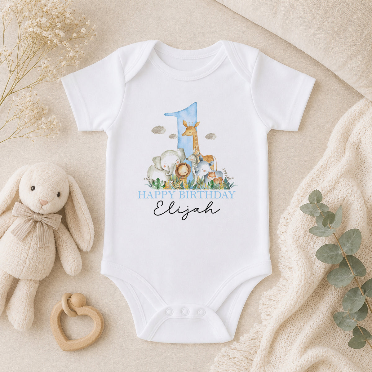Personalised Blue Safari First Birthday Outfit for Baby Boys baby vest