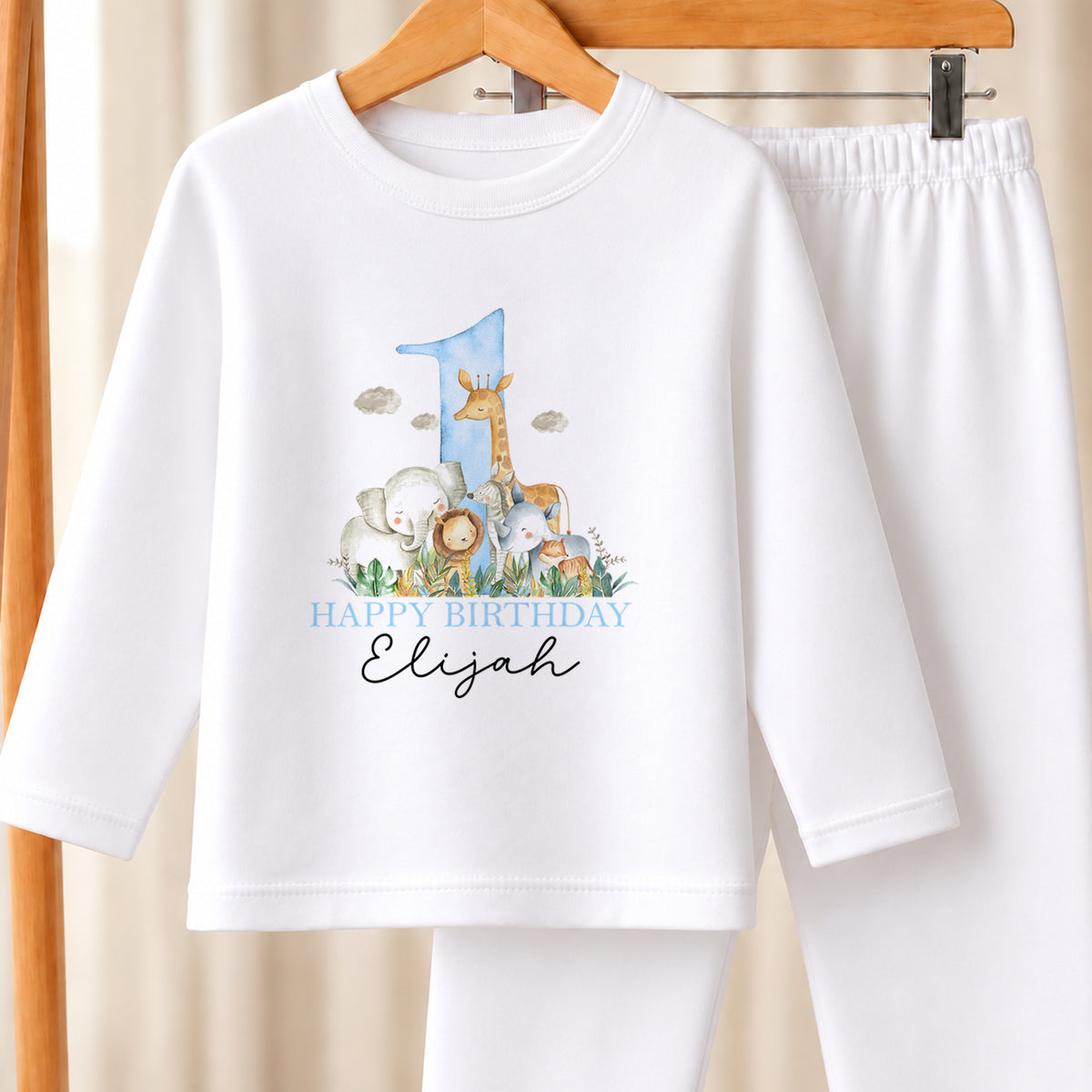 Personalised Blue Safari First Birthday Outfit for Baby Boys white pyjamas