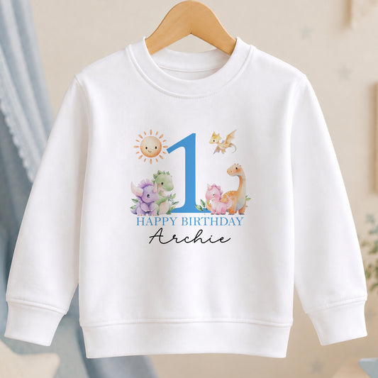 Personalised Blue Dinosaur First Birthday jumper