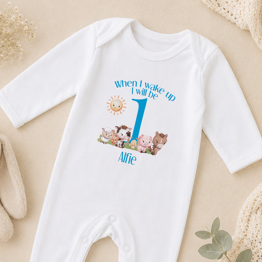 Personalised Blue Farm Animals First Birthday sleepsuit