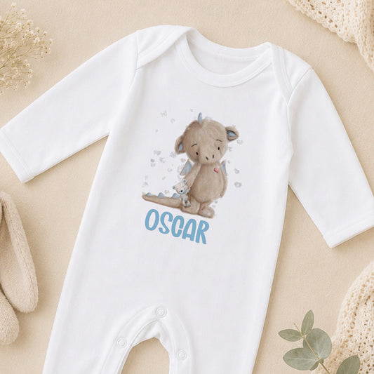 Personalised New Baby Blue Dragon Gift sleepsuit