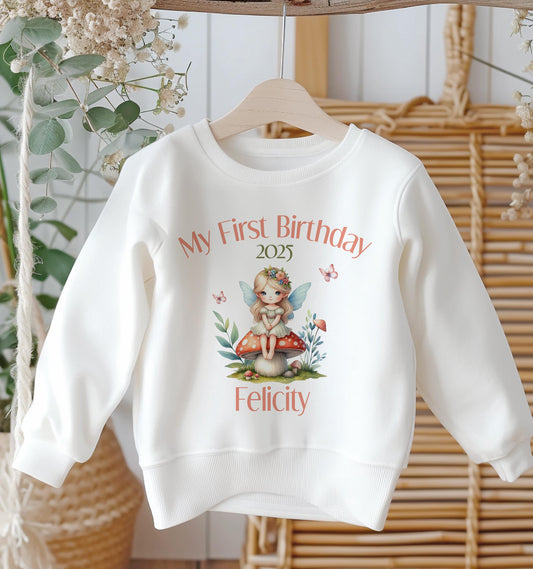 Personalised first birthday jumper with custom name print for cake smash photos, soft cotton fleece sweatshirt, size 6-12 months