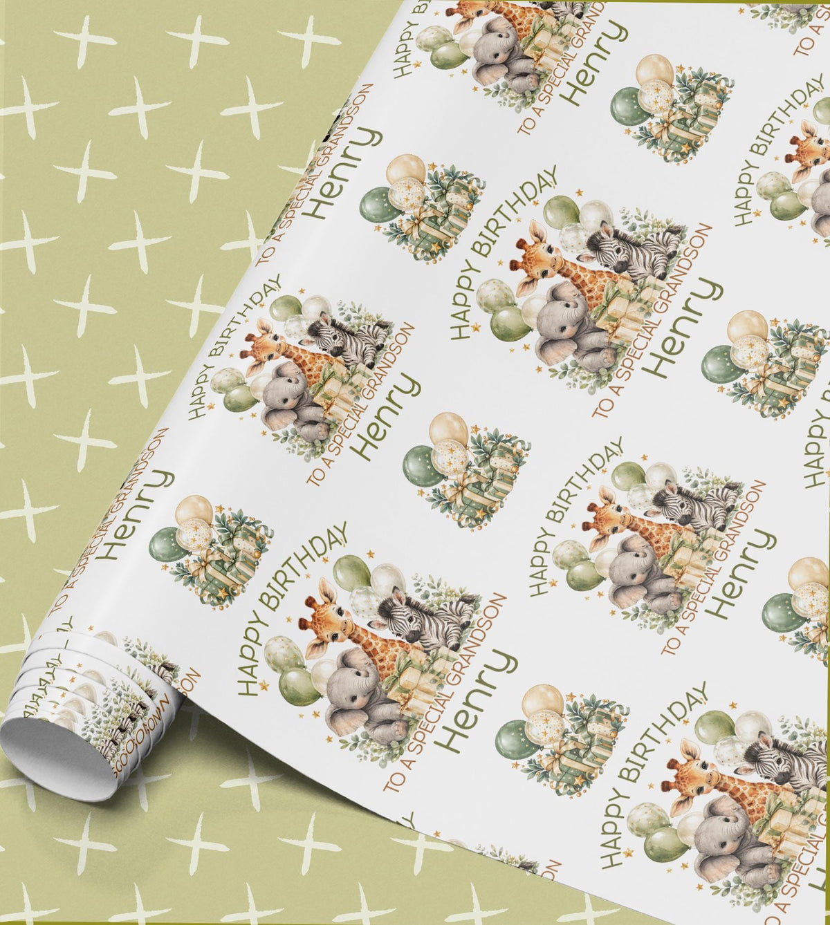 Personalised safari birthday wrapping paper roll – giraffe, elephant and zebra with sage balloons, Happy Birthday To a Special Grandson Henry
