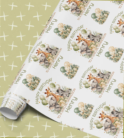 Personalised safari birthday wrapping paper roll – giraffe, elephant and zebra with sage balloons, Happy Birthday To a Special Grandson Henry
