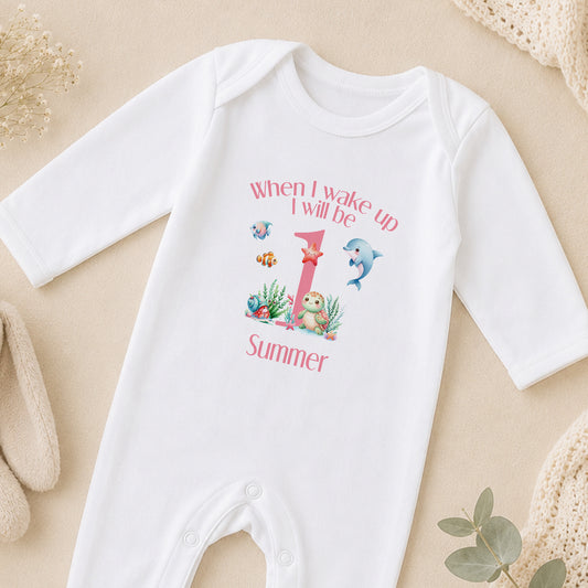 Personalised Pink Under the Sea First Birthday Pyjamas sleepsuit