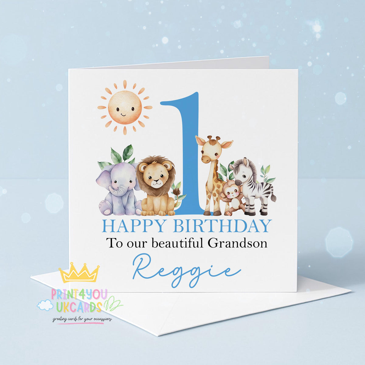 Front view of the personalised safari first birthday card printed on luxury 350gsm card stock.