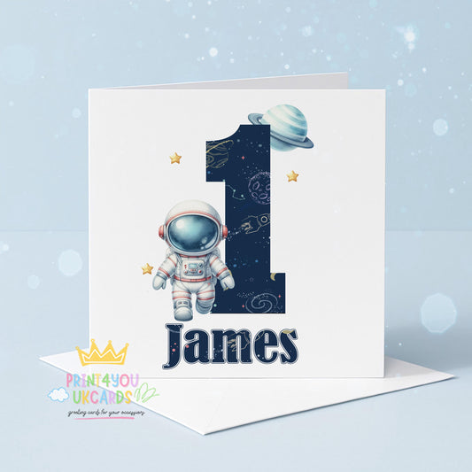 Personalised astronaut birthday card in a bright galaxy design with stars and planets, front view showing space for custom name and age, 6x6 inch luxury card