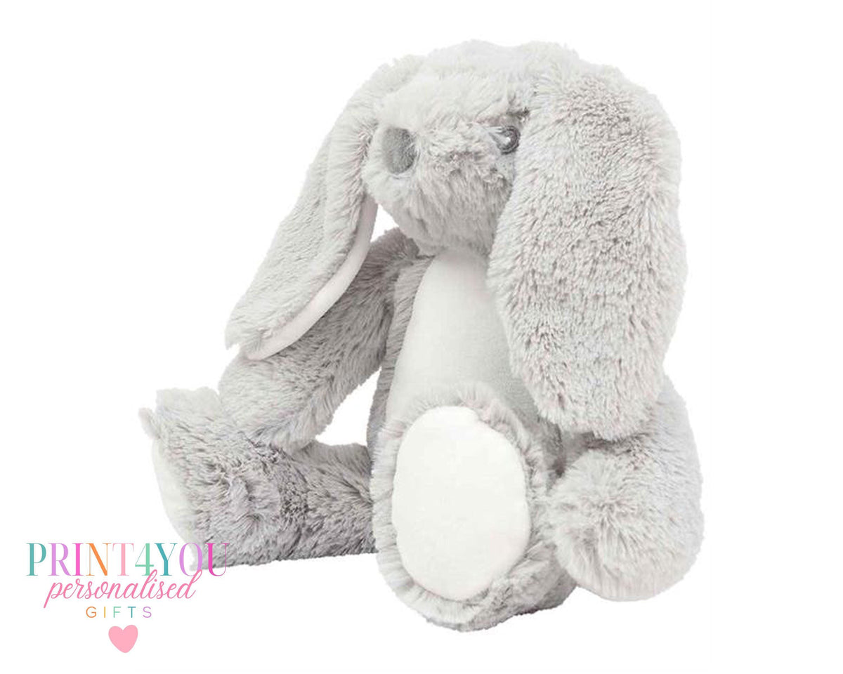 Blue personalised first birthday bunny soft toy with safari design printed on tummy