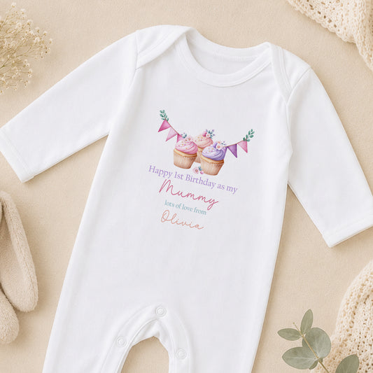 Personalised Cupcake First Birthday sleepsuit