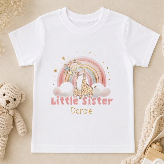 Personalised Little Sister Rainbow Giraffe t-shirt