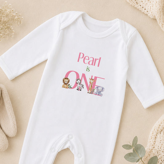 Personalised Safari I Am One First Birthday sleepsuit