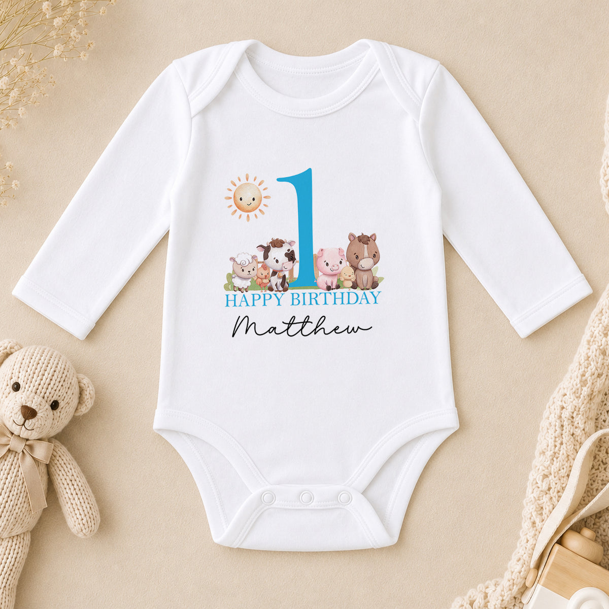 Personalised Farm Animals First Birthday long sleeve vest