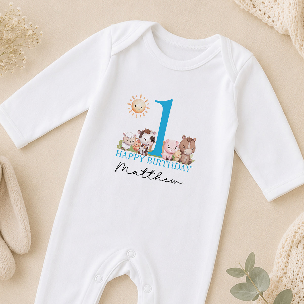 Personalised Farm Animals First Birthday sleepsuit