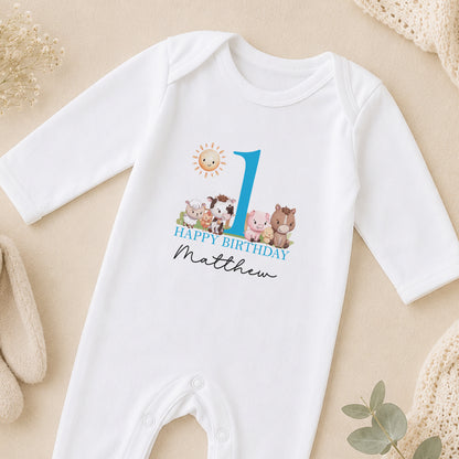 Personalised Farm Animals First Birthday sleepsuit