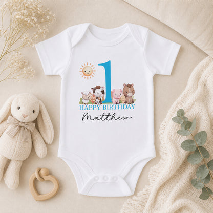 Personalised Farm Animals First Birthday baby vest