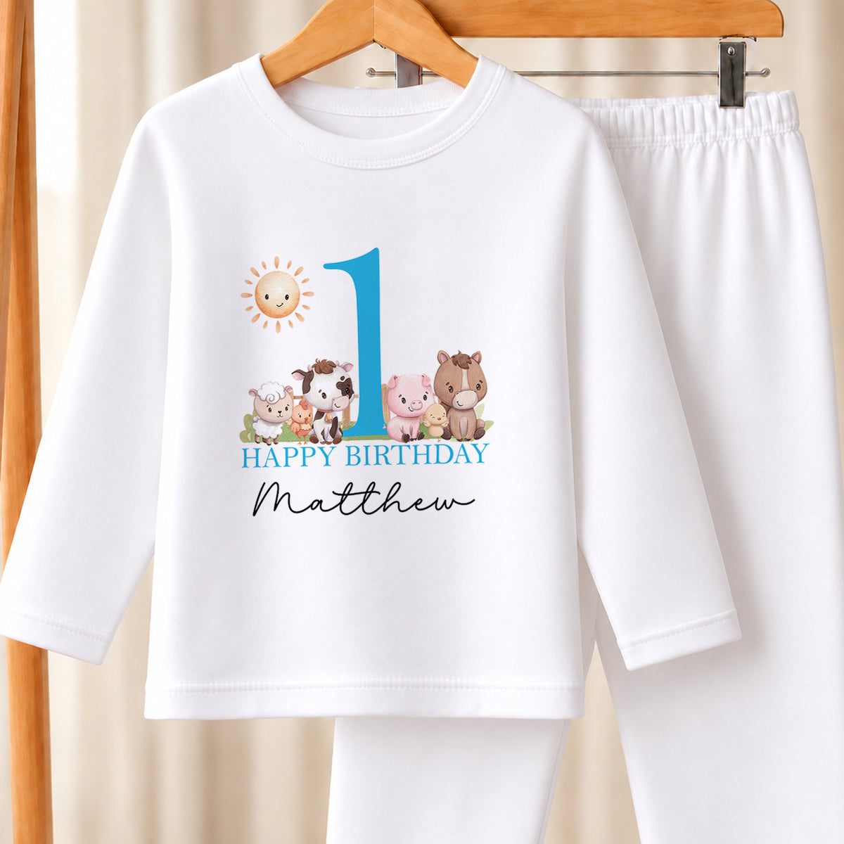 Personalised Farm Animals First Birthday white pyjamas