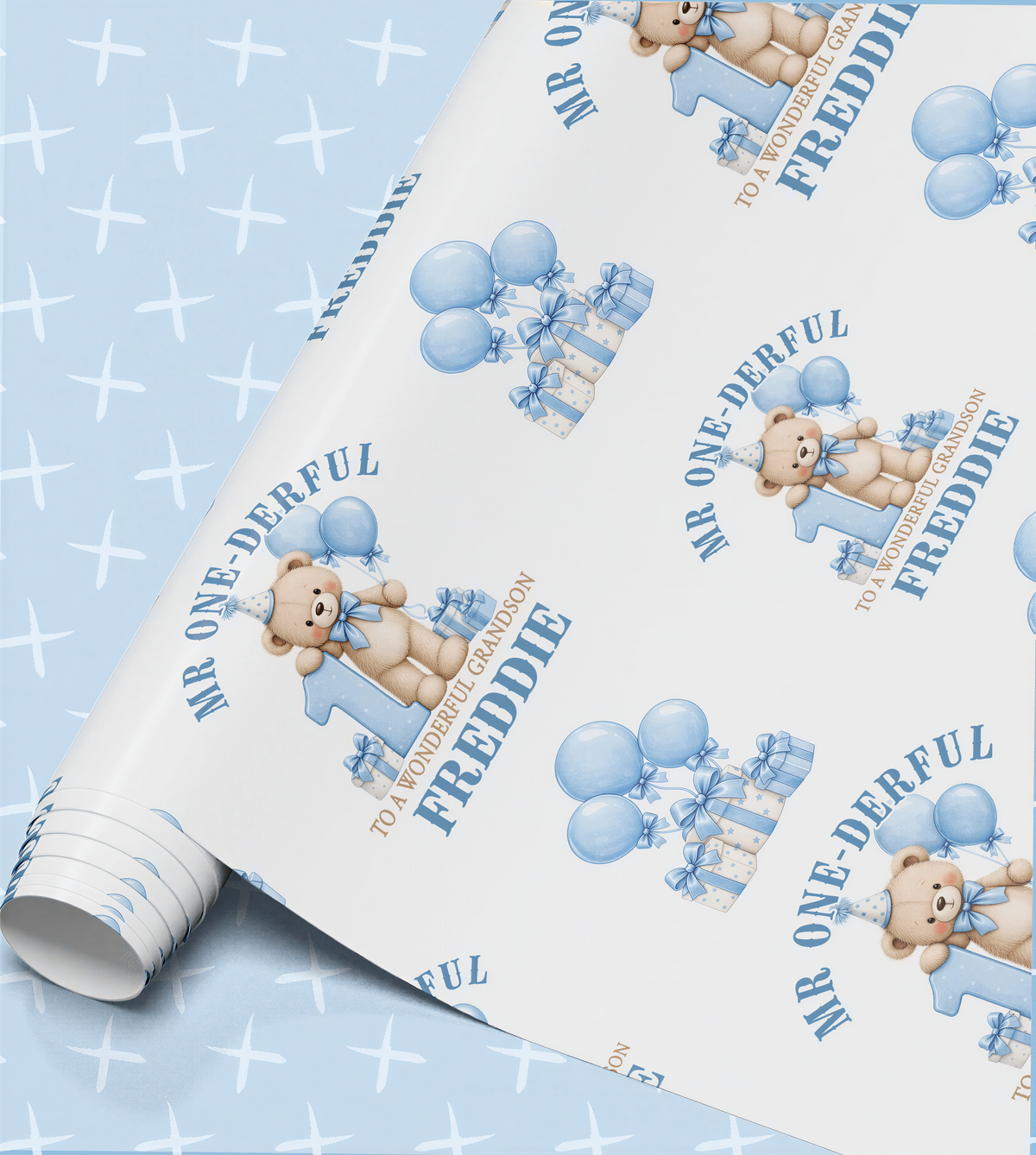 Personalised Mr One-Derful 1st birthday wrapping paper roll with teddy bear, blue balloons and the name Freddie