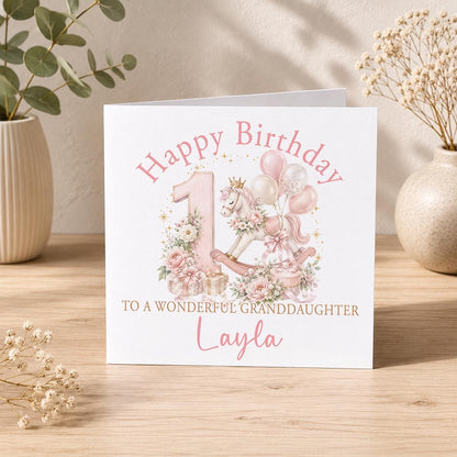 Personalised rocking horse 1st birthday card – blush pink rocking horse with a number 1, To a Wonderful Granddaughter Layla