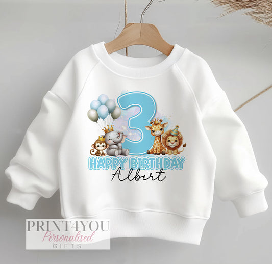 Blue safari-themed birthday sweatshirt for children, personalised with name and age, size 6-12 months