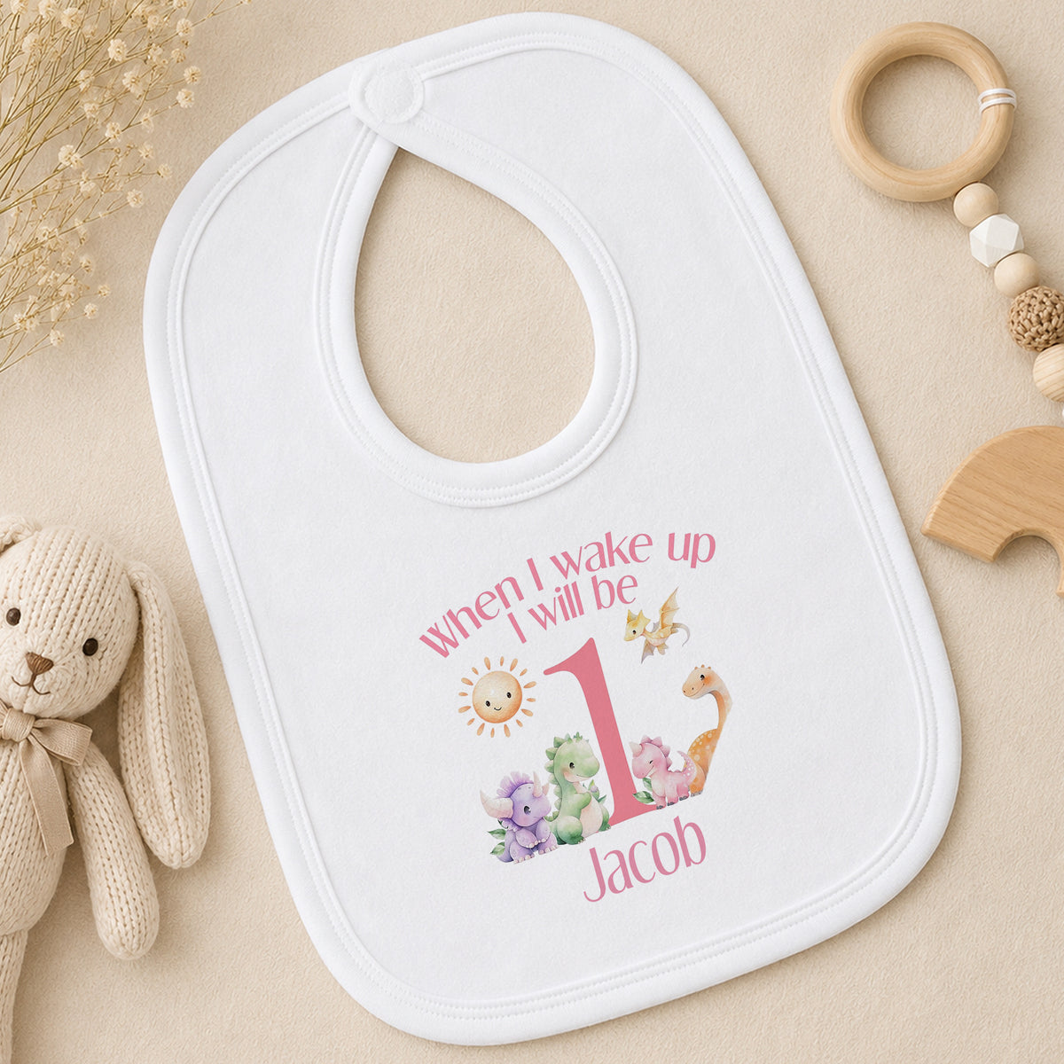 Personalised Pink Striped When I Wake Up I Will Be… Pyjamas with Dinosaurs bib