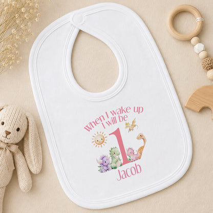 Personalised Pink Striped When I Wake Up I Will Be… Pyjamas with Dinosaurs bib