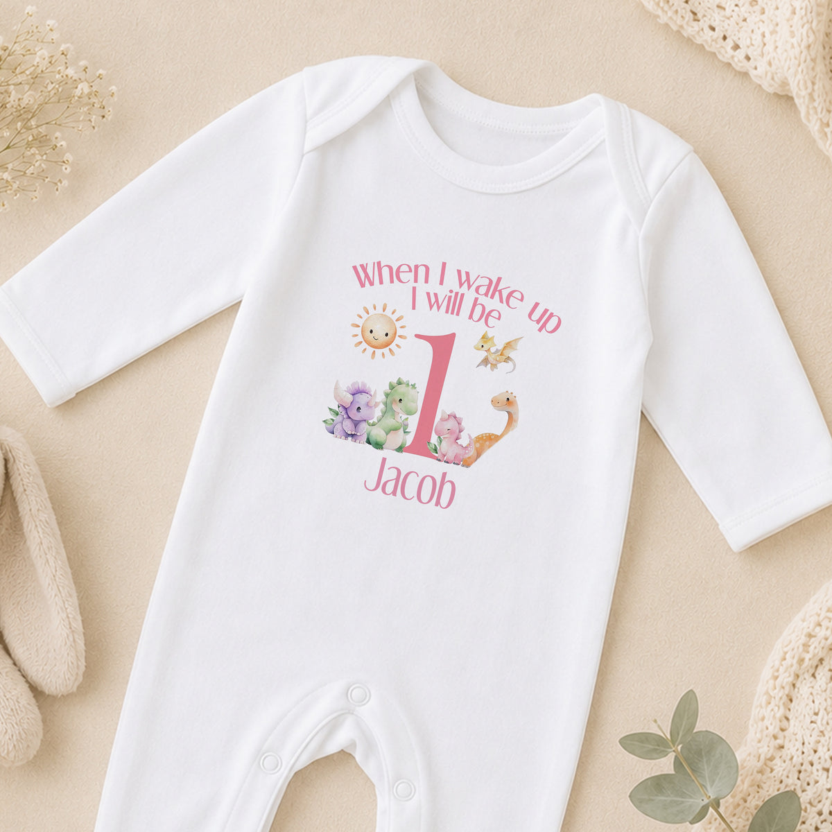 Personalised Pink Striped When I Wake Up I Will Be… Pyjamas with Dinosaurs sleepsuit