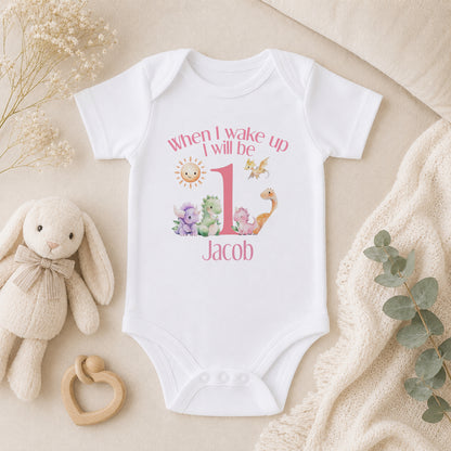 Personalised Pink Striped When I Wake Up I Will Be… Pyjamas with Dinosaurs baby vest