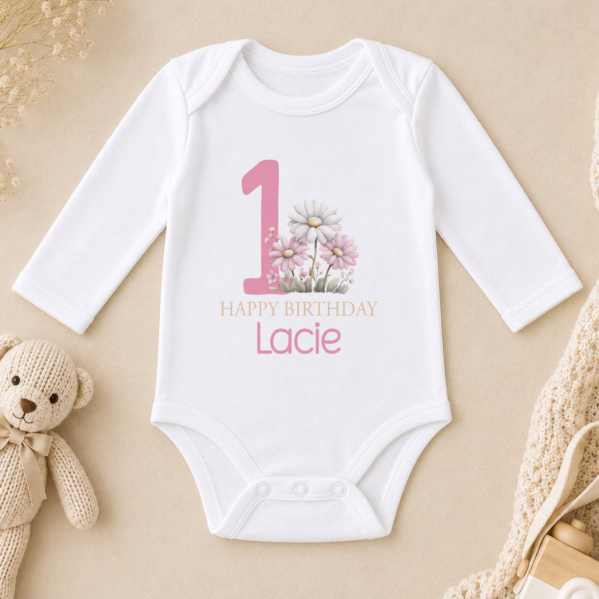 Personalised Pink Floral 1st Birthday long sleeve vest